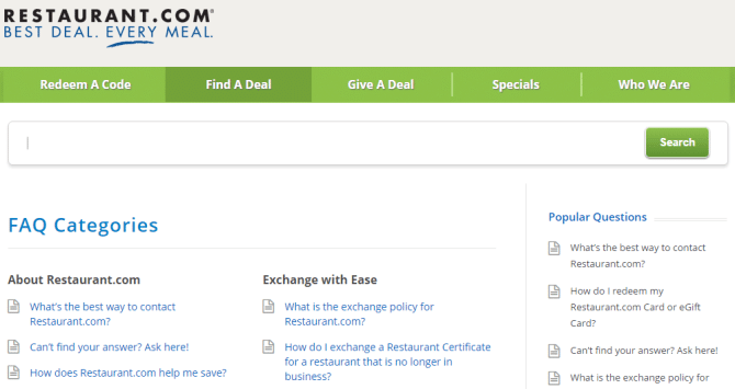 The knowledge base over at Restaurant.com preemtively answers visitors’ questions and suggests popular questions in the sidebar, as well!