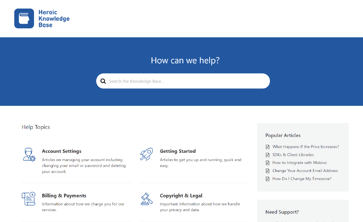 Interface de la base de connaissances Heroic KB