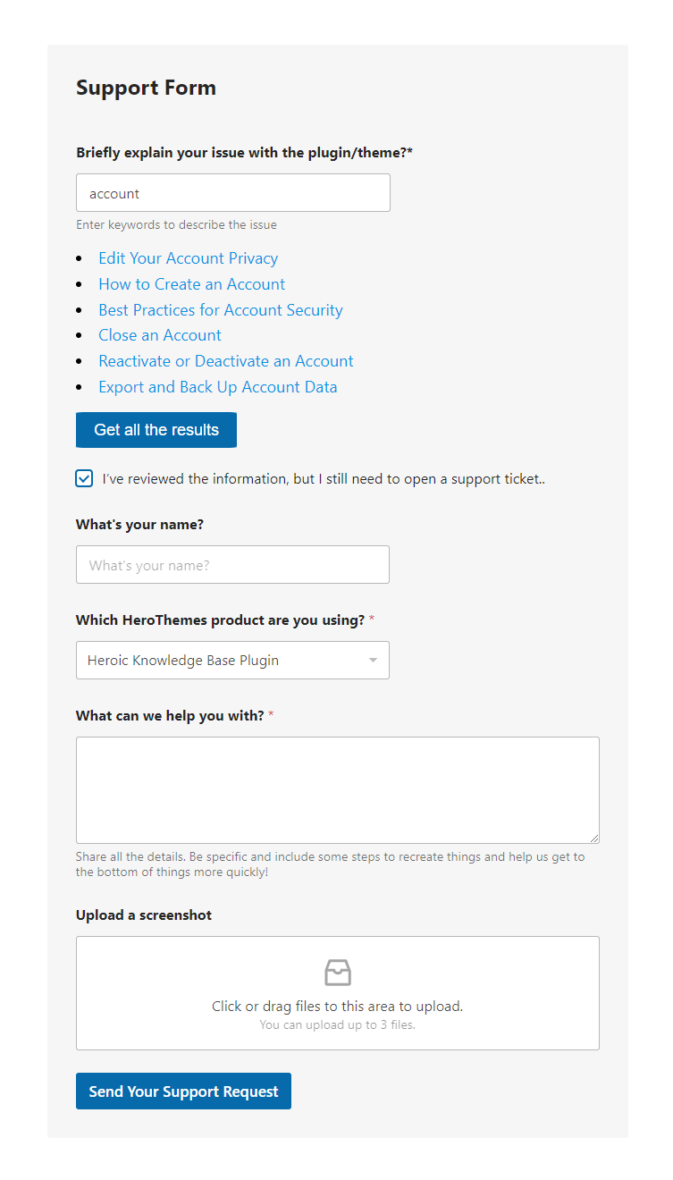 Contact form if no desired knowledge base article found