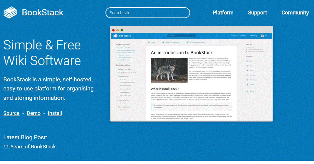 BookStack hero on a blue page with the title 'Simple & Free Wiki Software' and a centered screenshot of the wiki interface mockup.