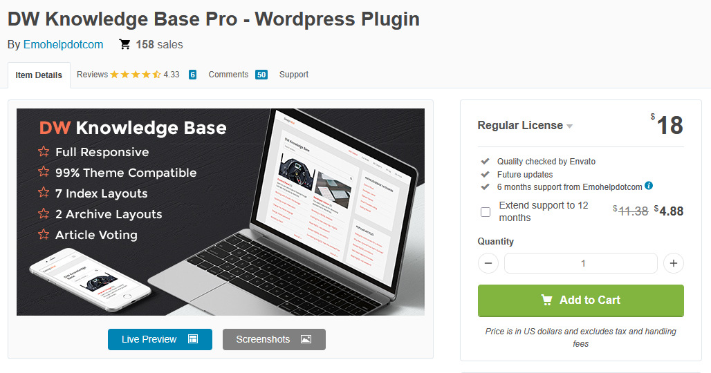 DW Knowledge Base Pro WordPress Plugin pricing and other details