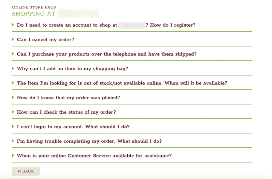 Screenshot showing Eataly’s FAQ section on their website