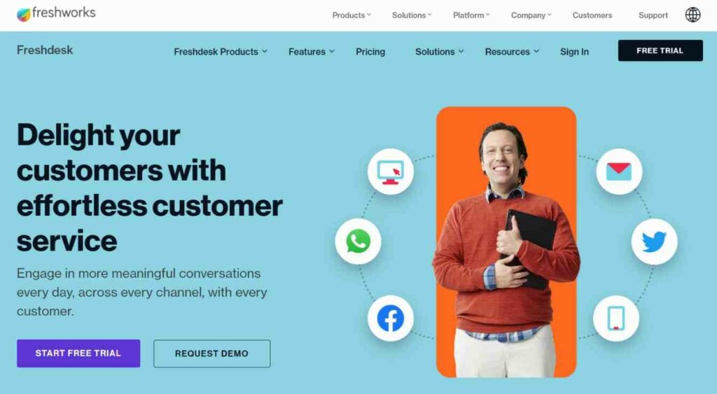 Landing page of Freshdesk help desk software