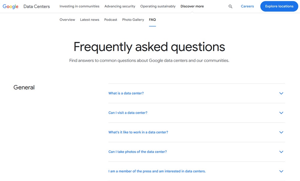 Google FAQ page example