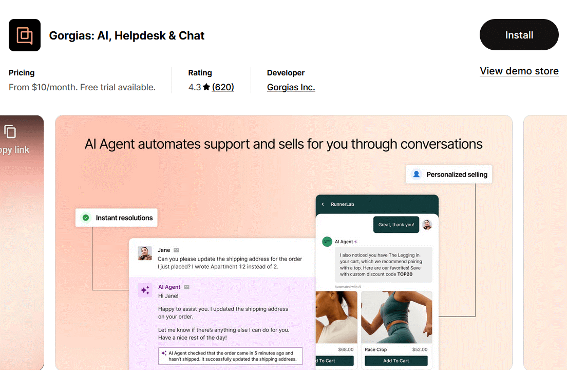 Gorgias shopify app for adding chatbot functionality