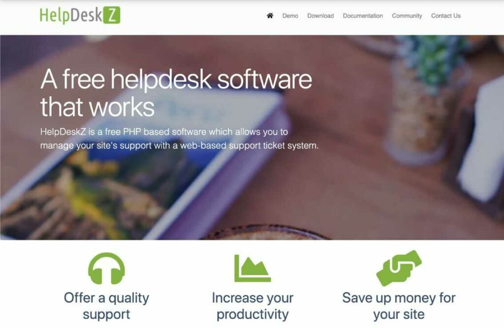 Homepage of HelpDeskZ help desk ticketing software