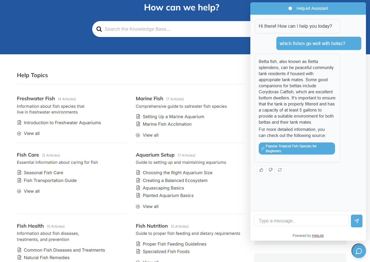 HelpJet AI customer service chatbot for the knowledge base