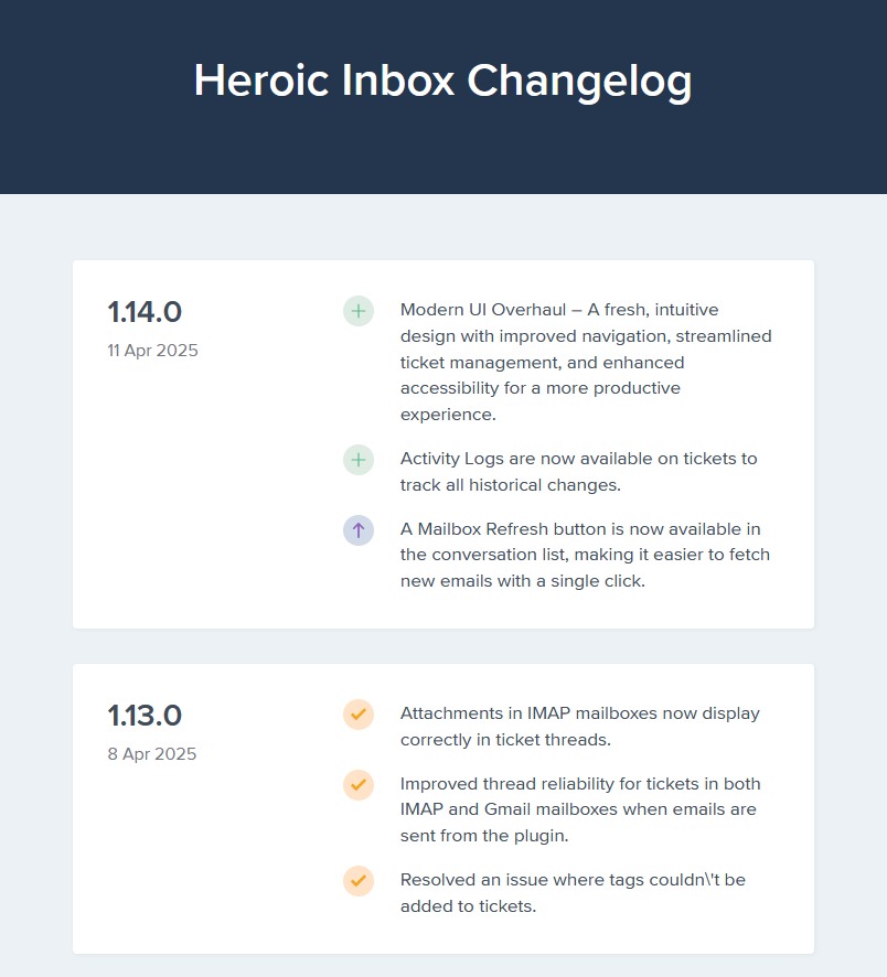 Heroic Inbox changelog article example