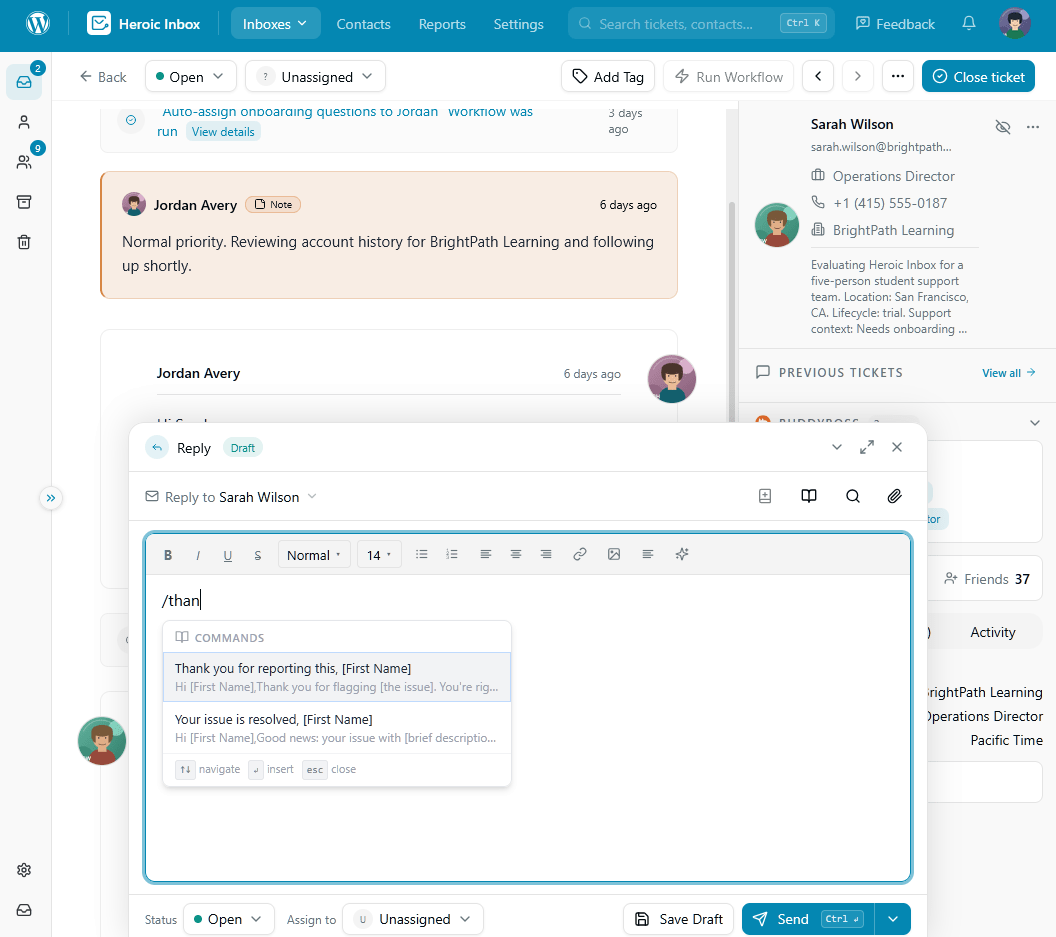 Heroic Inbox saved reply feature