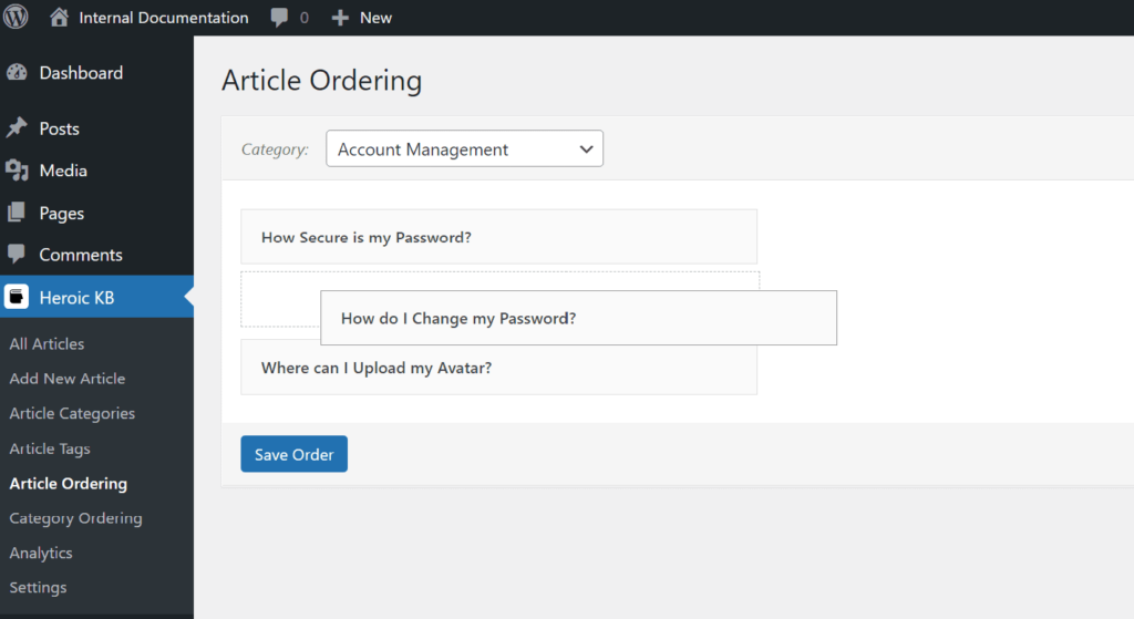 Heroic Knowledge Base article ordering section