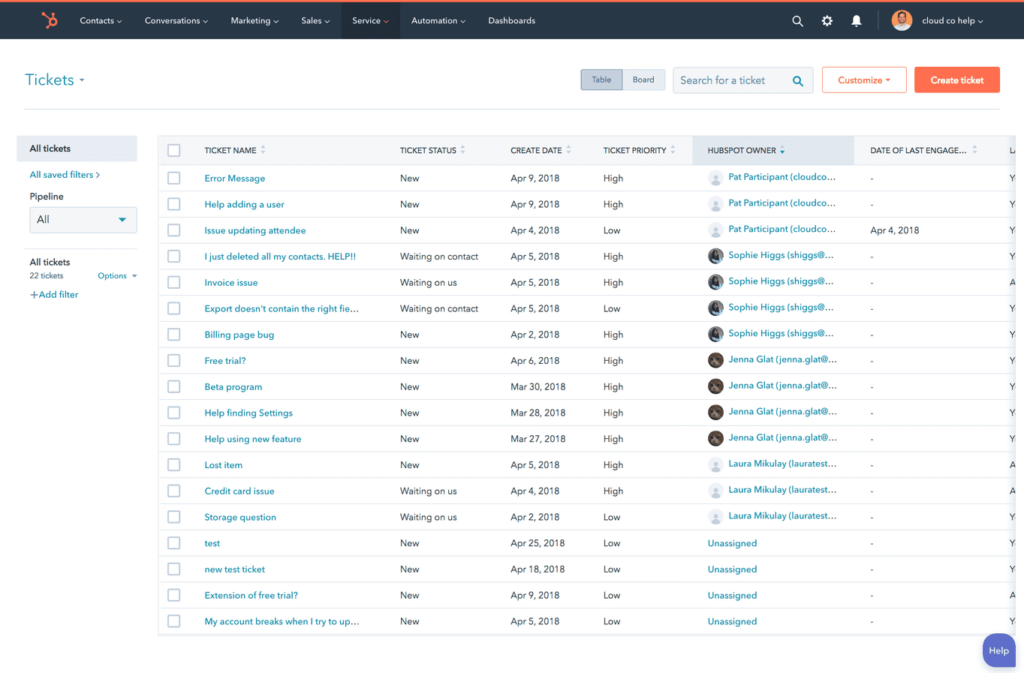 Tickets interface in the HubSpot help desk system. 