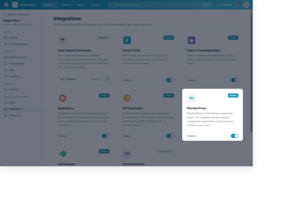 WordPress admin Integrations page with plugin cards and toggles, showing a highlighted MemberPress modal