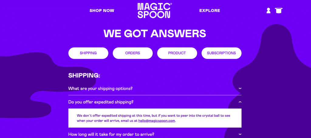 Screenshot showing Magic Spoon’s well-organized FAQ page