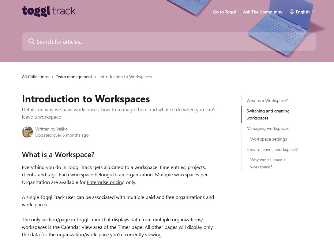 Product Documentation Article Example by Toggl