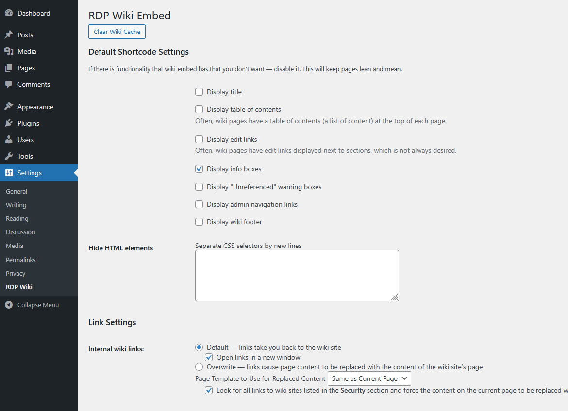 RDP Wiki Embed settings