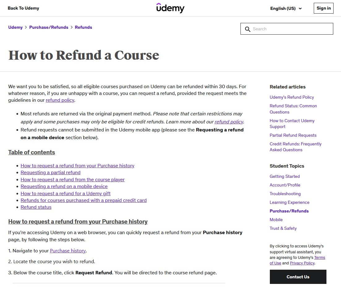 Refund a course guide by Udemy