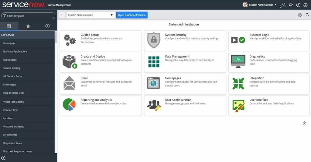 Dashboard of the ServiceNow IT ticketing software. 