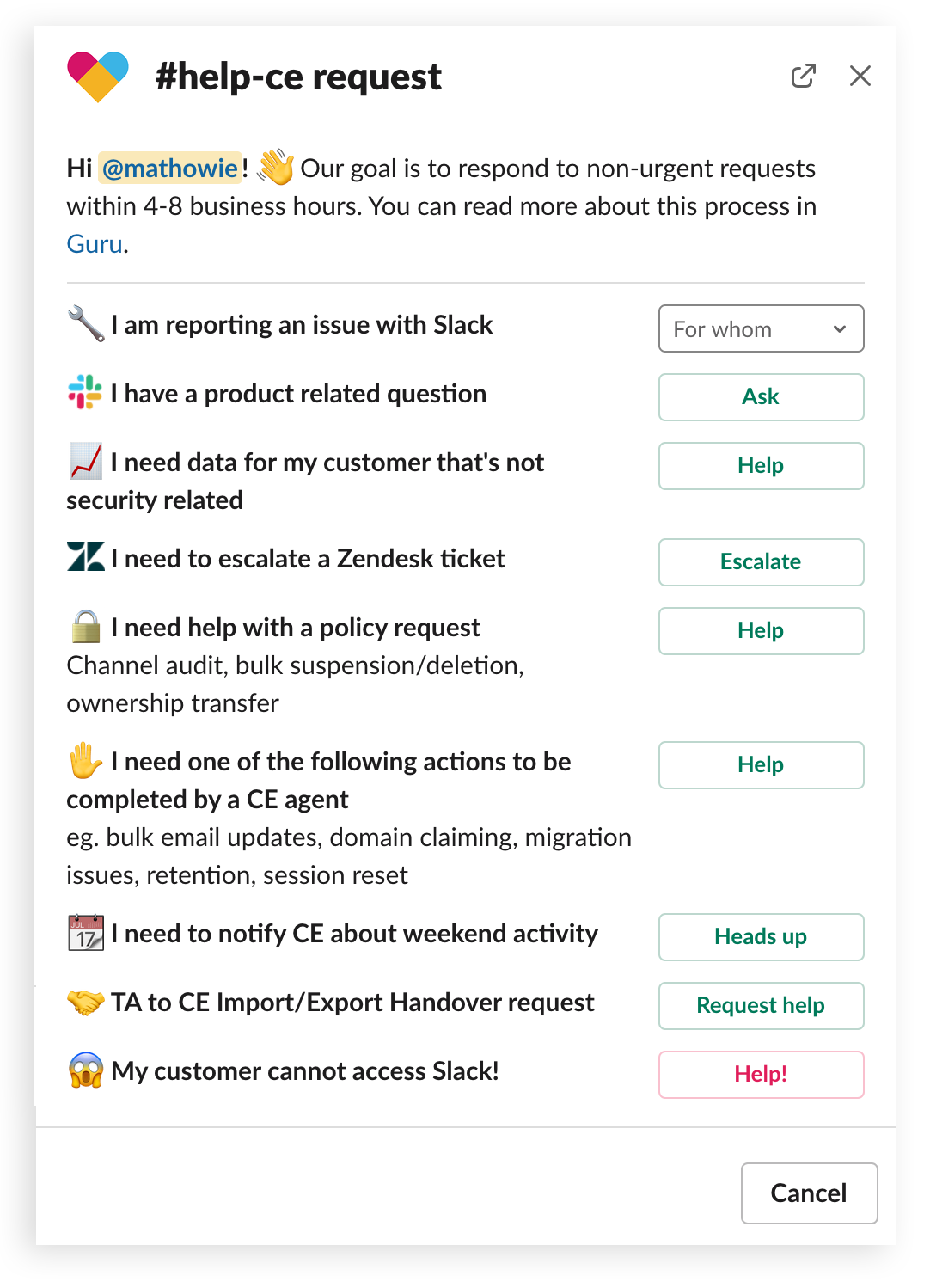 Slack internal team support channel example