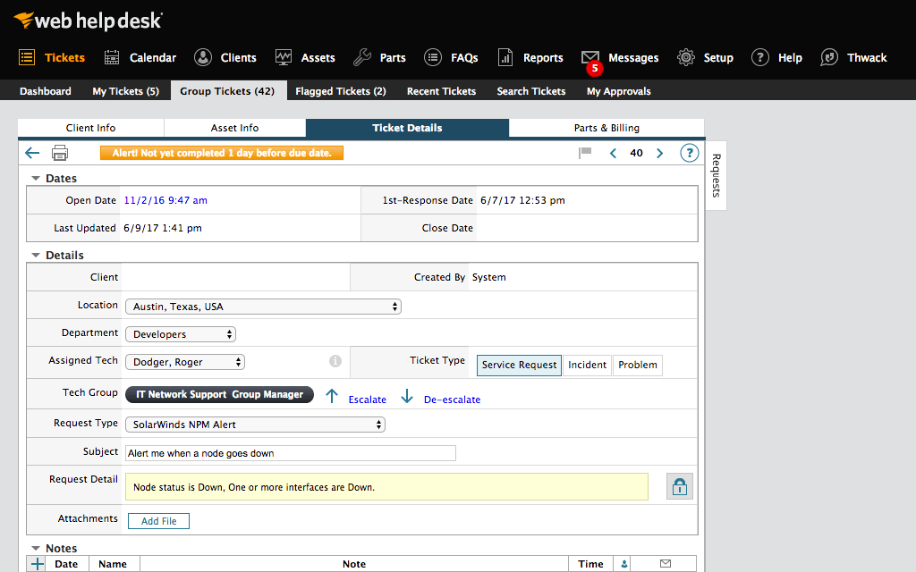 Ticket details in the Web Help Desk service desk 