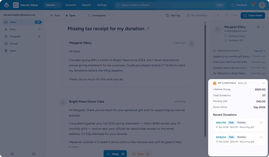 Wp charitable spotlight herothemes Capture d'écran d'un fil d'e-mail intitulé reçu fiscal manquant pour mon don dans une boîte de réception de support avec un panneau de résumé des dons à droite