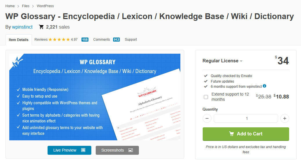 WP Glossary Encyclopedia plugin pricing and other details