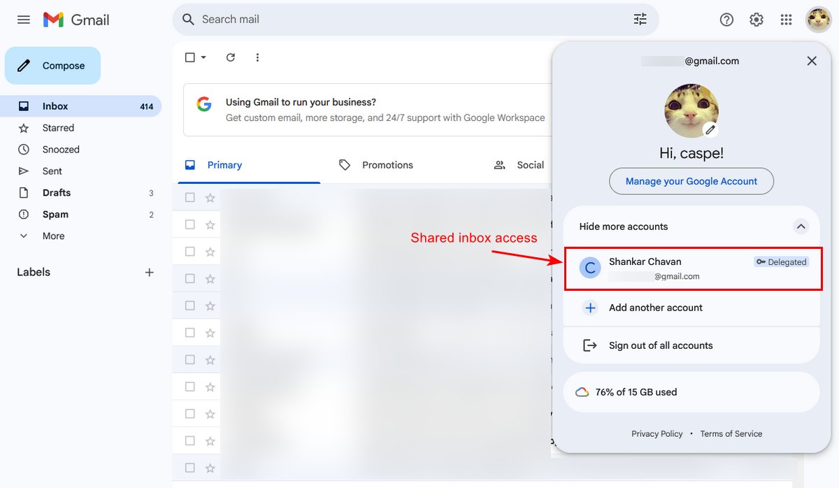 Accessing delegated account in Gmail