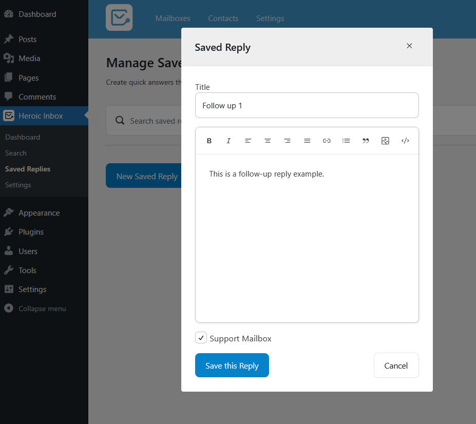 adding saved replies in Heroic Inbox