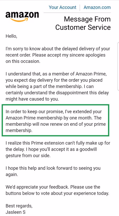 Amazon's apology email example for a late product delivery