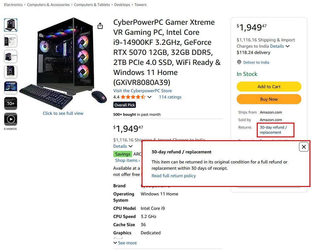 an example of a clear refund policy on an Amazon product page