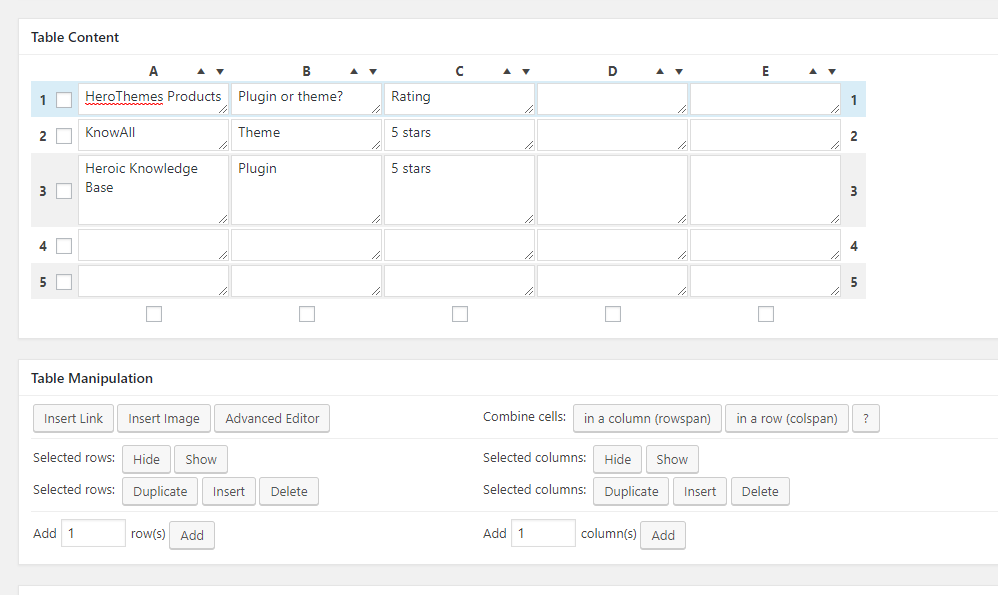 tablepress editor