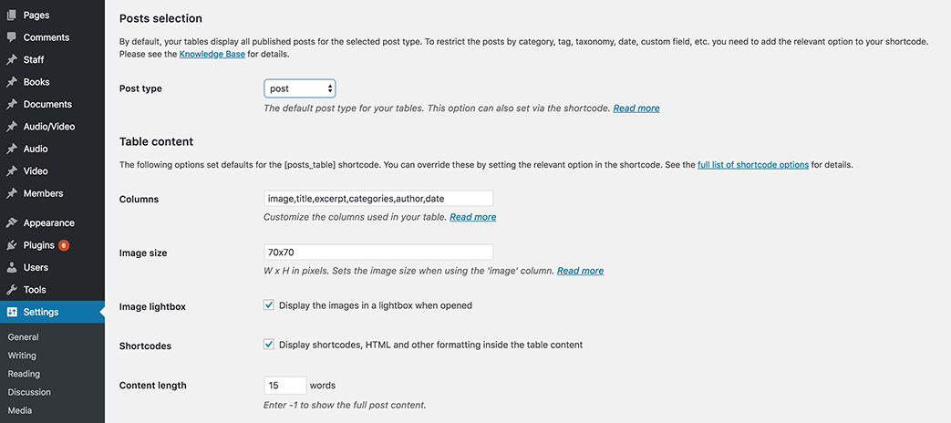 Posts Table Pro default settings