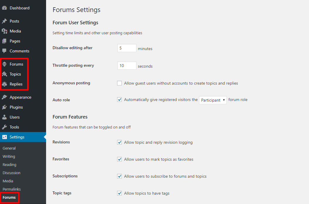 bbpress settings