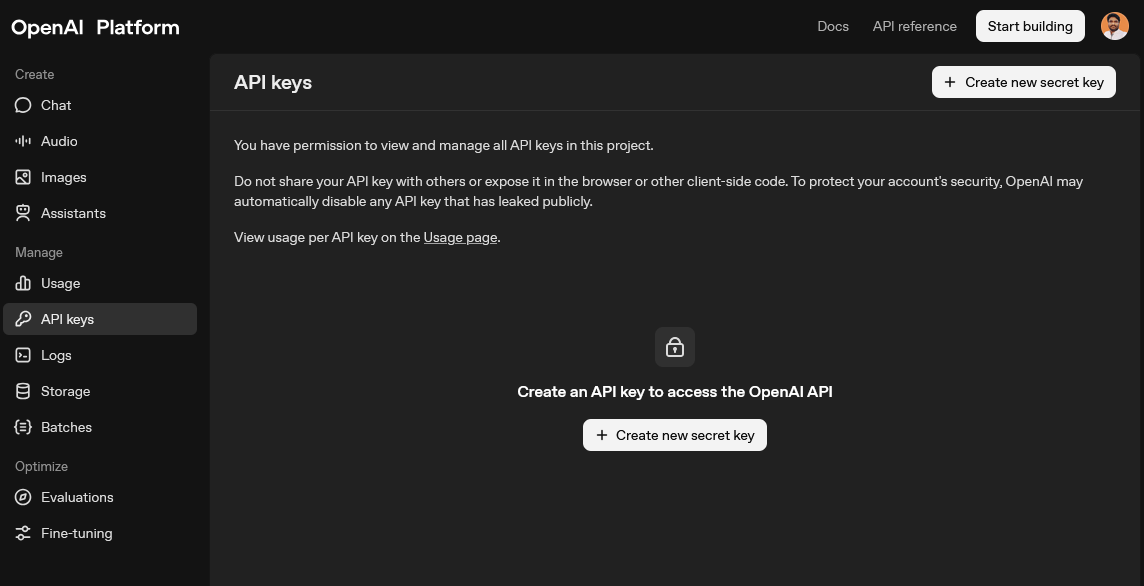ChatGPT API keys