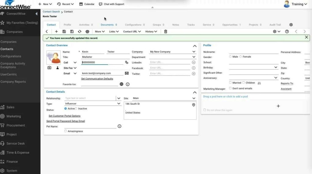 Contacts in Connectwise IT support software