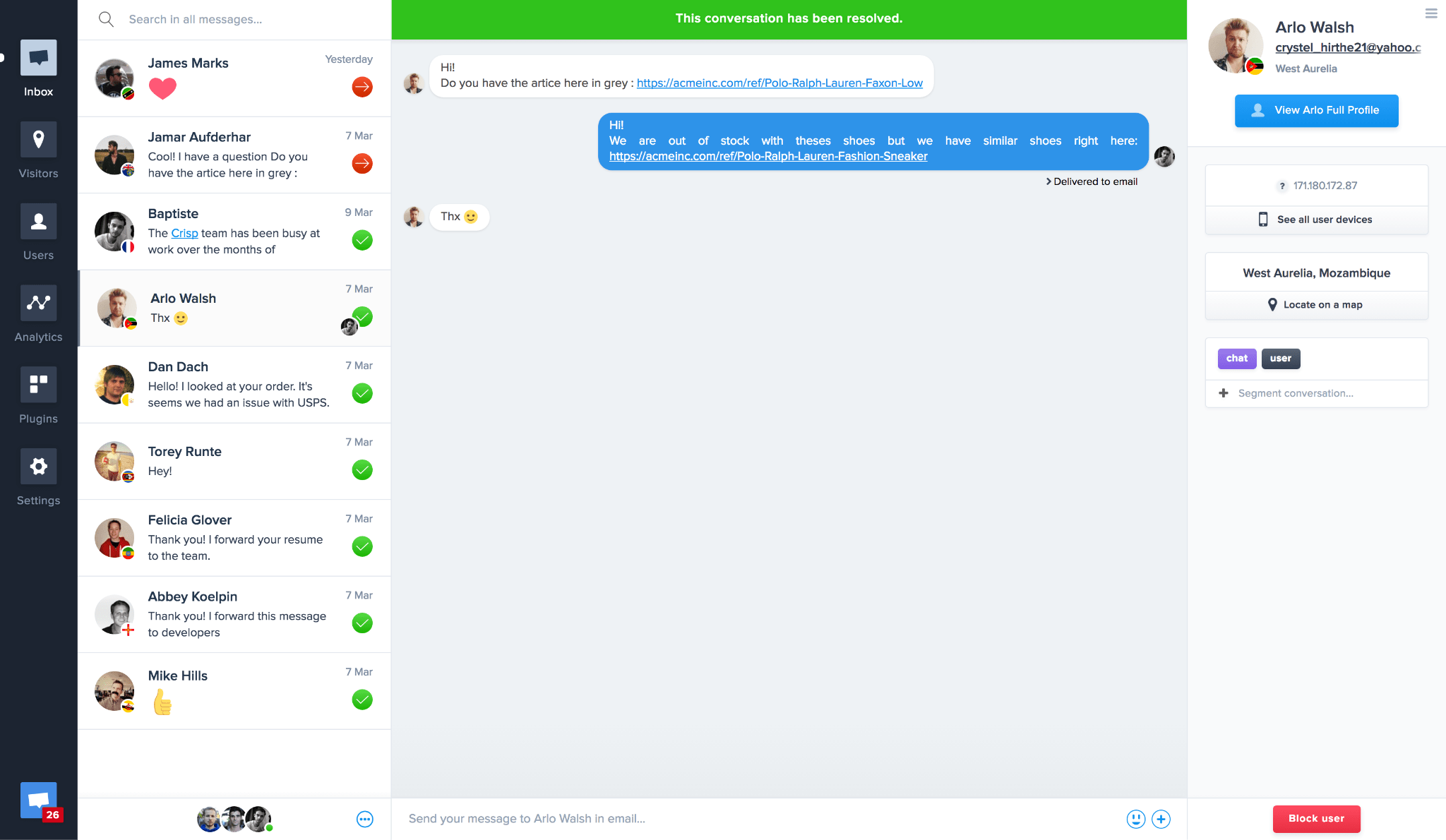 Crisp Live Chat backend view