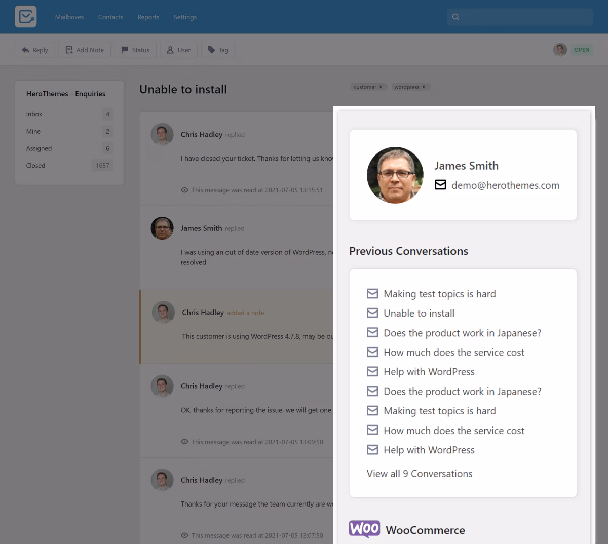 customer history with help desk software - HeroThemes customer history with help desk software