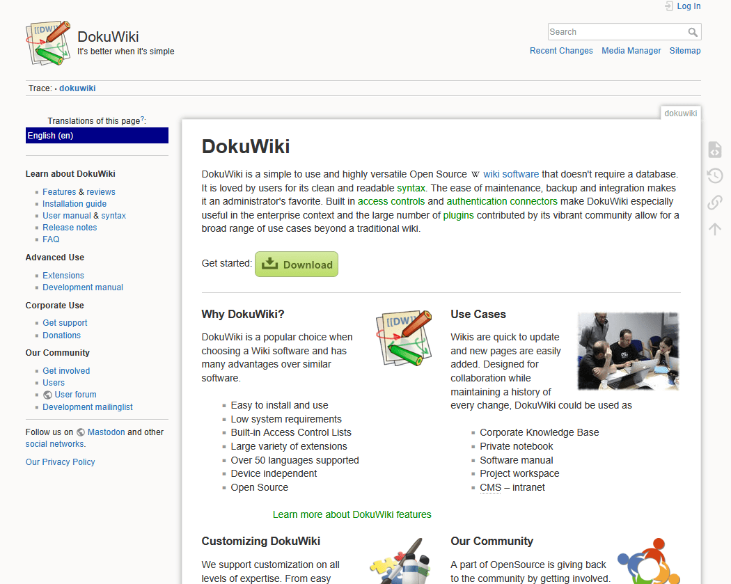 DokuWiki, file-based knowledge base software