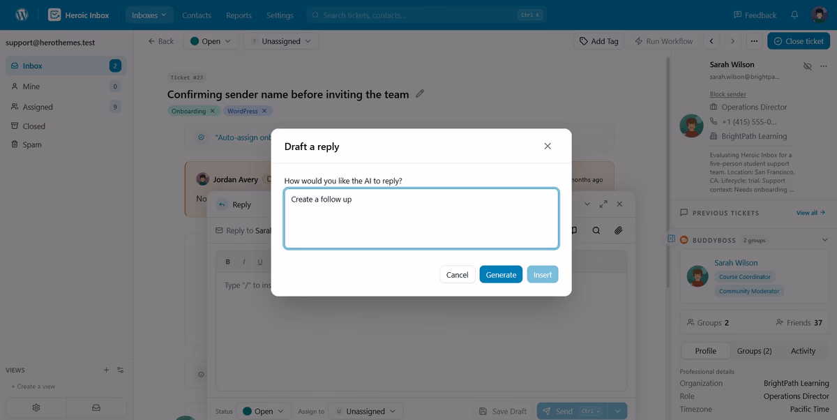 Draftingticketreplieswithheroicinboxaiwriti herothemes Drafting ticket replies with heroic inbox ai writing assistant