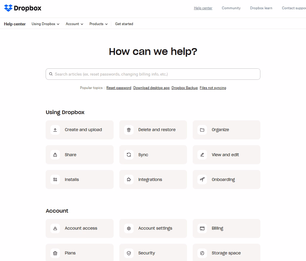dropbox-help-center-example - HeroThemes Dropbox Help Center example