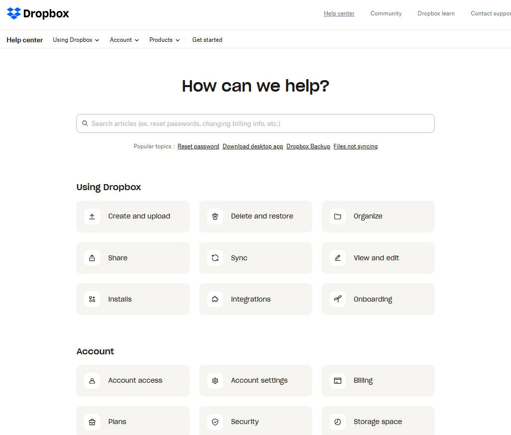Dropbox Help Center example