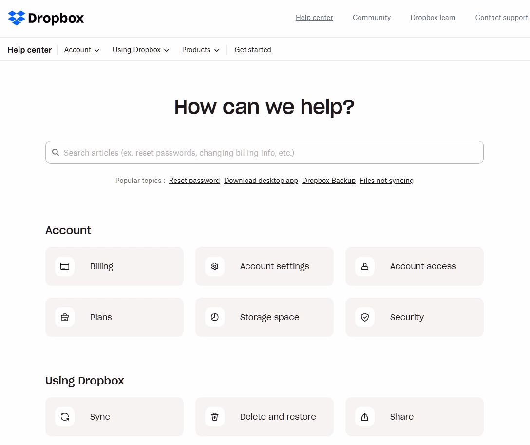 Dropbox new help center example