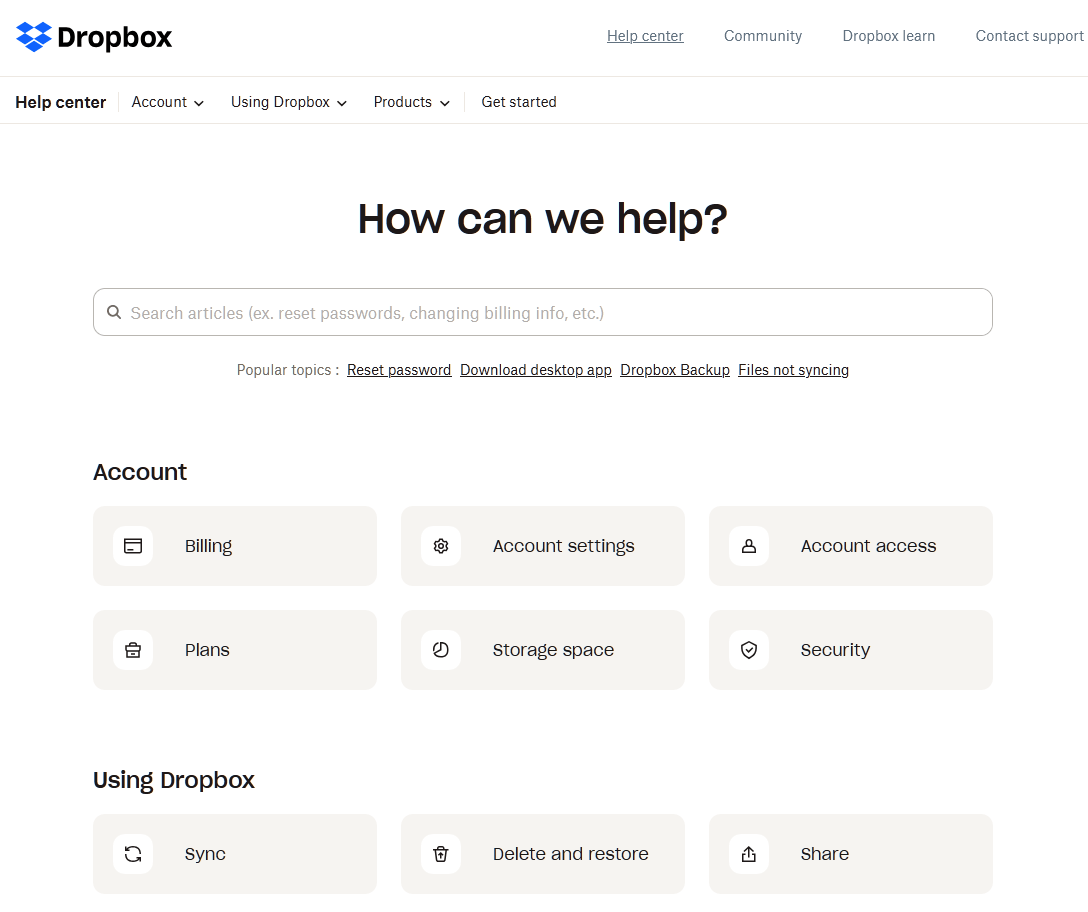 Dropbox New Help Center example
