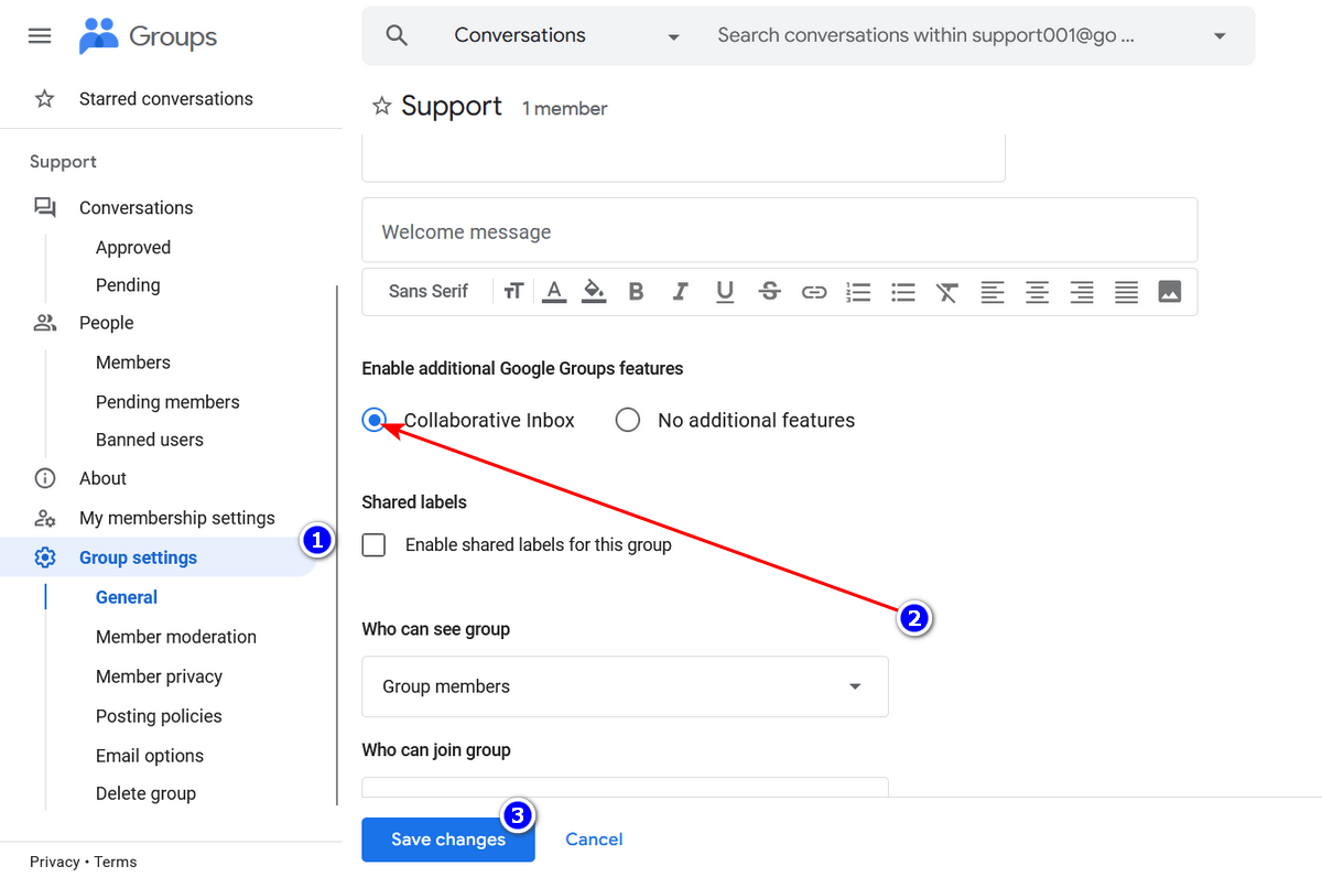 Enabling collaborative inbox in Google Groups