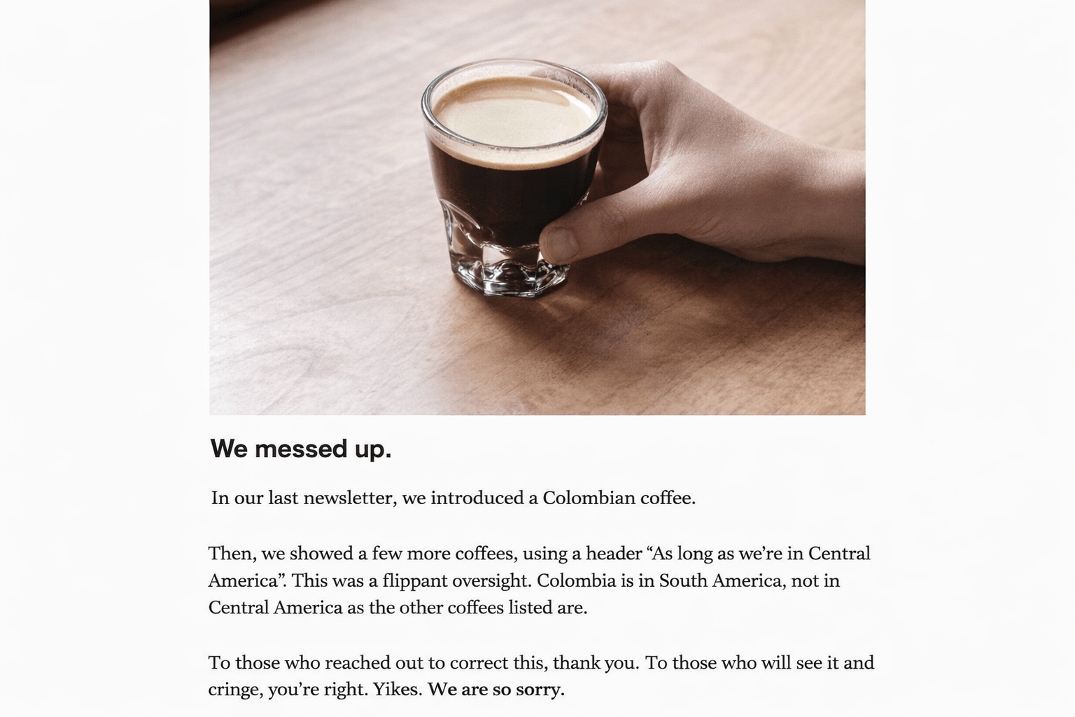 example of a correction email from Methodical Coffee