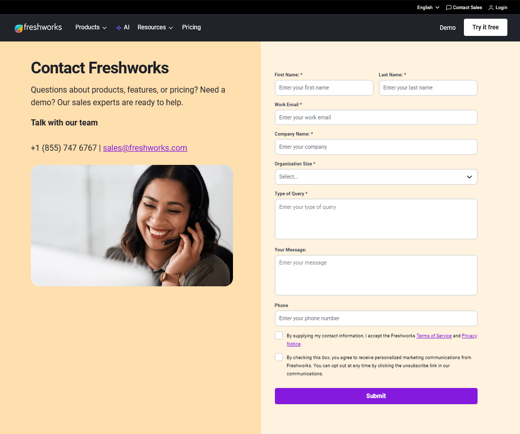 Freshworks contact page