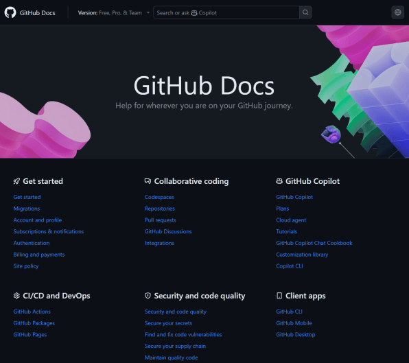 GitHub documentation homepage showing multiple starting points