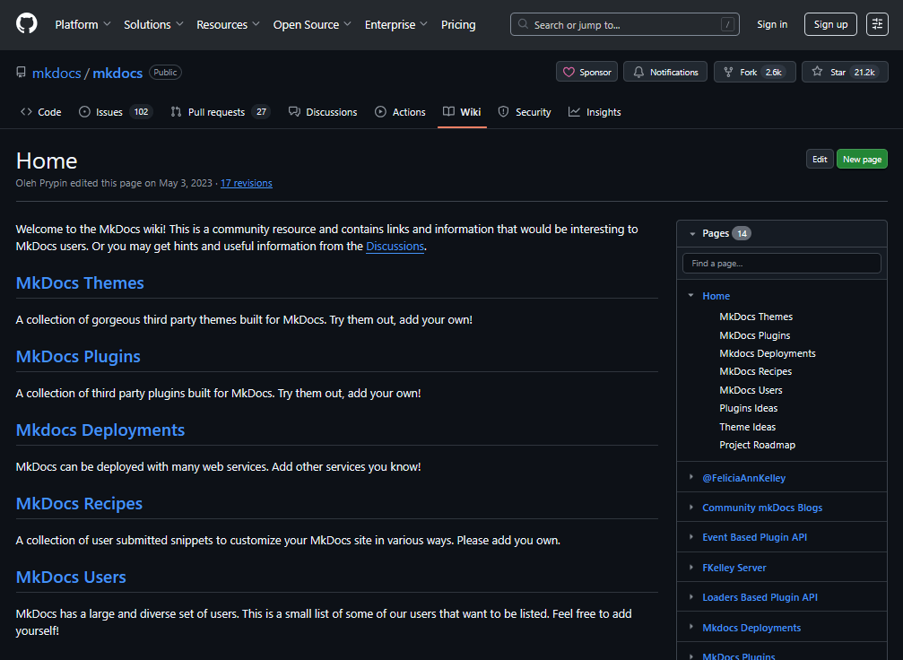 GitHub’s built-in wiki site example