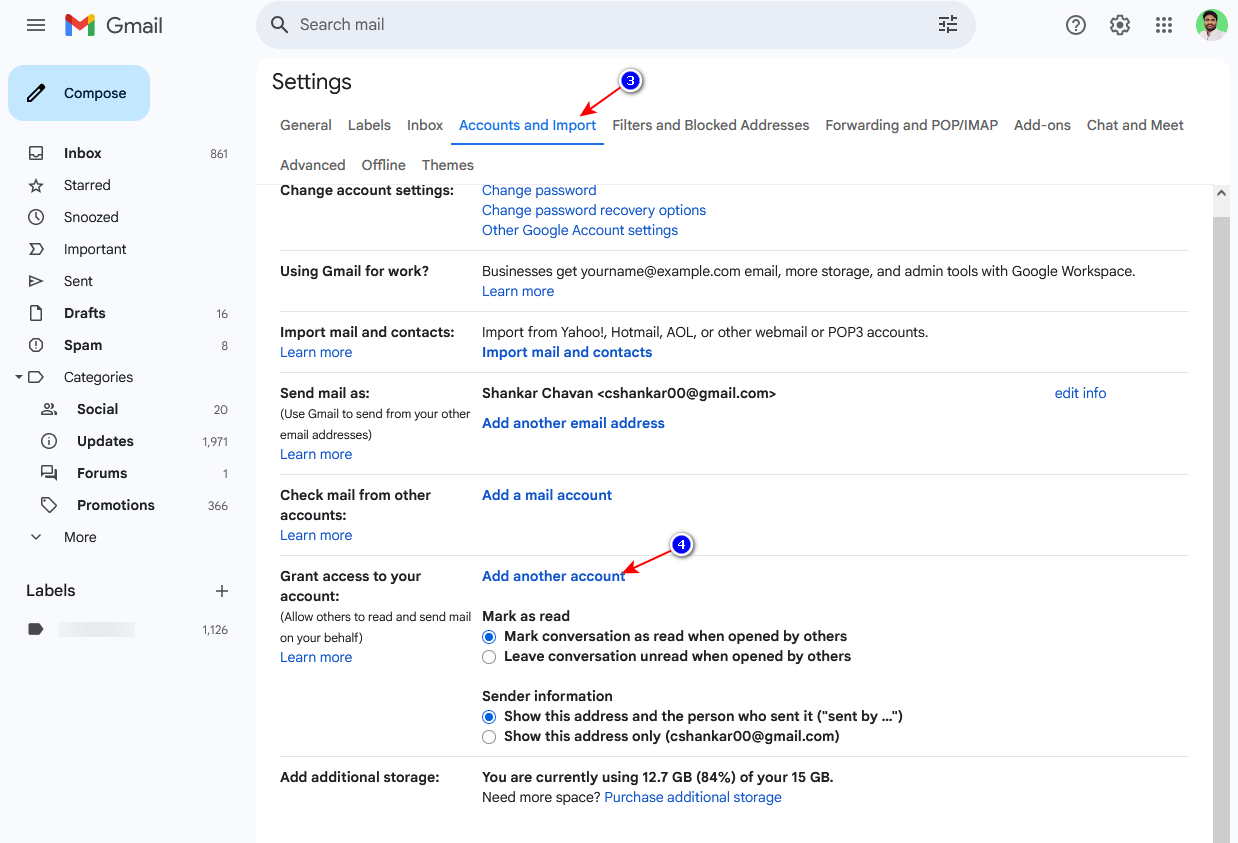 Granting another account access to your Gmail account 