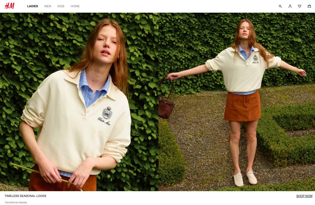 H and M website homepage