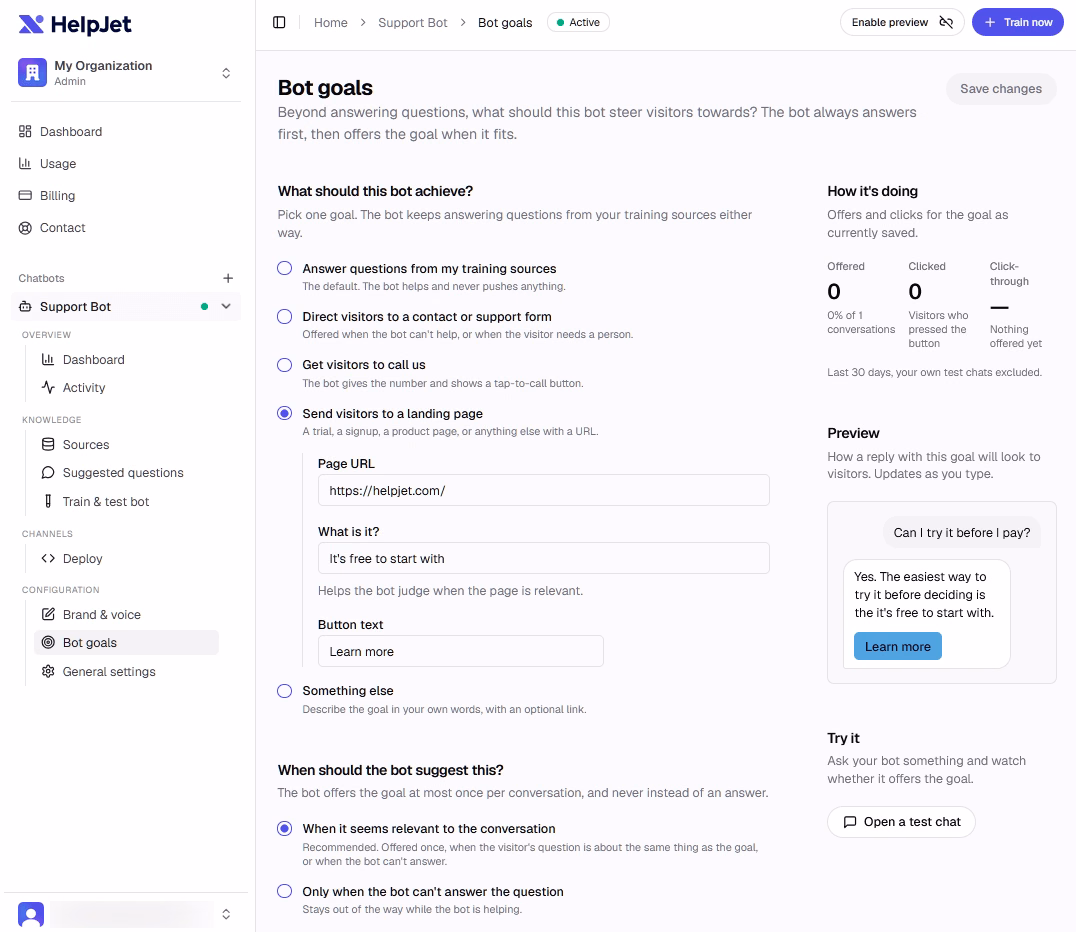 Helpjet Bot-Ziele für die Lead-Generierung